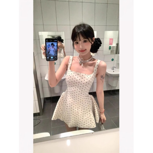 日本無印法式短裙印花收腰顯瘦少女感小個子吊帶連衣裙夏季a字裙