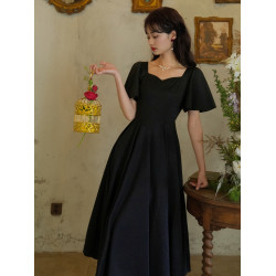 彌愛原創《小黑裙》法式復古赫本風短袖大擺高腰飄帶連衣裙顯瘦夏