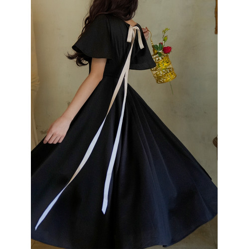 彌愛原創《小黑裙》法式復古赫本風短袖大擺高腰飄帶連衣裙顯瘦夏 彌愛原創《小黑裙》法式復古赫本風短袖大擺高腰飄帶連衣裙顯瘦夏