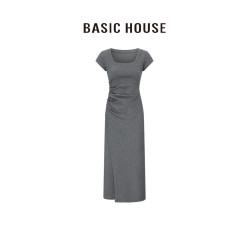 百家好/Basic House方領純色氣質高級感正肩開叉顯瘦長款連衣裙女