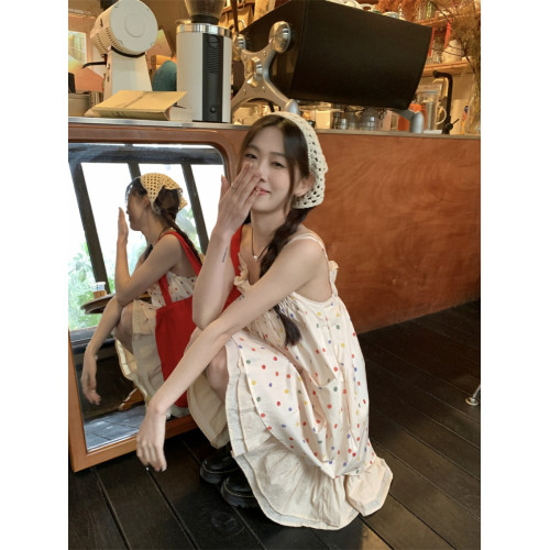 我在外面有 “告白氣球”日系小衆復古少女波點吊帶連衣裙女夏
