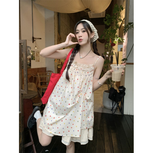 我在外面有 “告白氣球”日系小衆復古少女波點吊帶連衣裙女夏