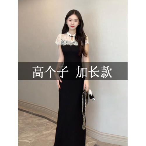 高個子172加長版夏季新中式國風旗袍蕾絲拼接連衣裙氣質黑色長裙