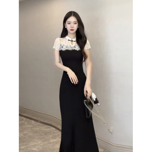 高個子172加長版夏季新中式國風旗袍蕾絲拼接連衣裙氣質黑色長裙