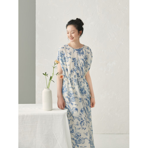 如也原創 青花瓷藍色印花純苧麻收腰連衣裙女夏季新款高級感長裙