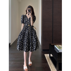 heidy海蒂 藍色海洋 串珠刺綉海螺裝飾苧麻連衣裙V領寬松娃娃裙