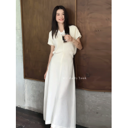 法式氣質優雅V領短袖連衣裙女2025夏季新款肌理感收腰顯瘦A字長裙
