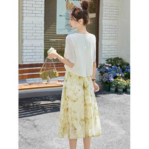 時尚真絲連衣裙女夏季2025新款氣質高級感遮肚顯瘦假兩件印花裙子