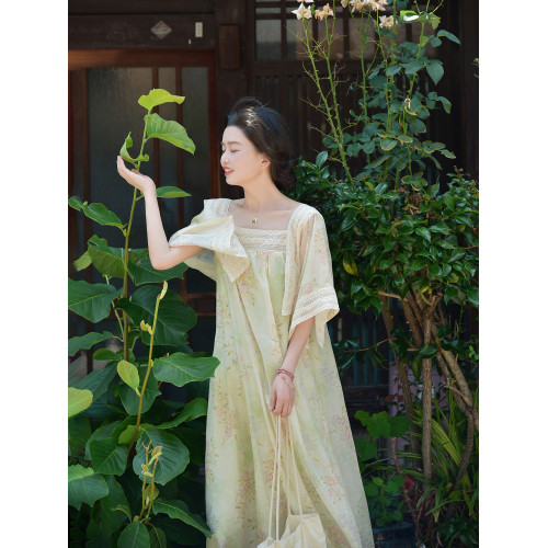 WANTING晚《草木笙》70年代古董印花手帕袖裙蕾絲拼接寬松連衣裙
