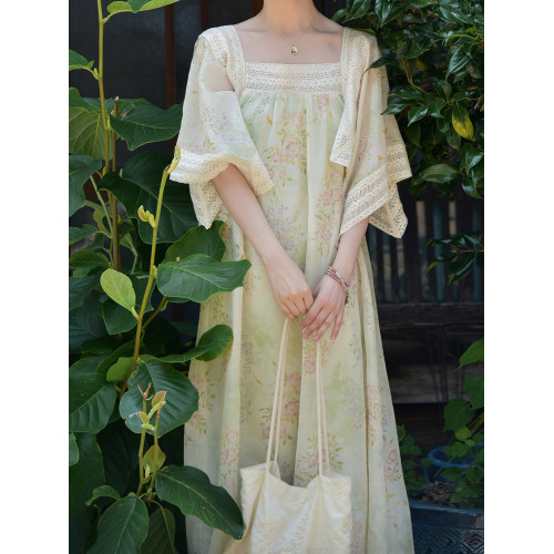 WANTING晚《草木笙》70年代古董印花手帕袖裙蕾絲拼接寬松連衣裙
