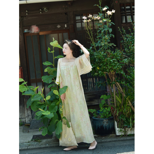 WANTING晚《草木笙》70年代古董印花手帕袖裙蕾絲拼接寬松連衣裙
