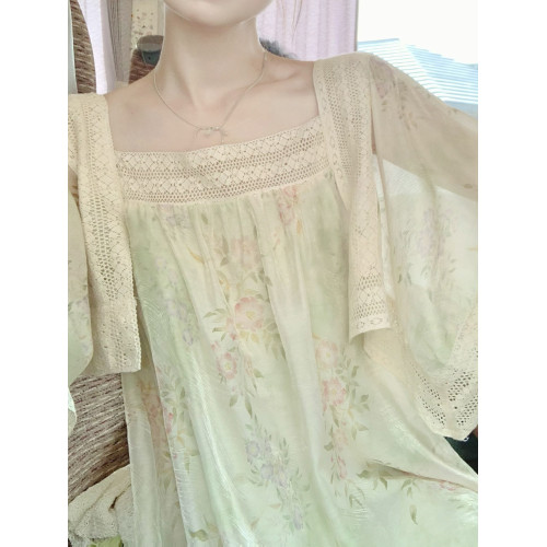 WANTING晚《草木笙》70年代古董印花手帕袖裙蕾絲拼接寬松連衣裙