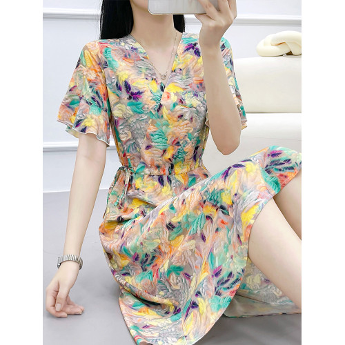 高級碎花小雛菊棉綢連衣裙2025新款女夏V領綿綢氣質收腰外穿裙子
