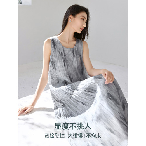 IHIMI海謐法式茶歇水墨暈染連衣裙女2025夏季輕薄天絲度假連衣裙