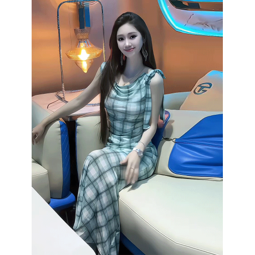法式復古格紋蕩領無袖連衣裙女2025夏季新款絕美漂亮收腰顯瘦長裙