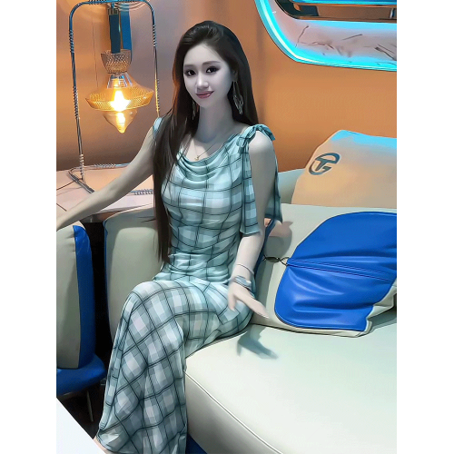 法式復古格紋蕩領無袖連衣裙女2025夏季新款絕美漂亮收腰顯瘦長裙