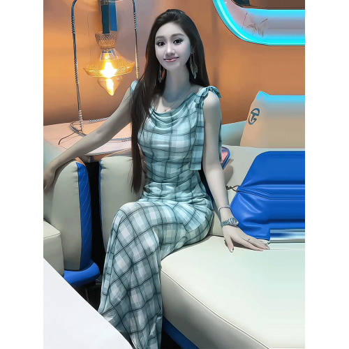 法式復古格紋蕩領無袖連衣裙女2025夏季新款絕美漂亮收腰顯瘦長裙