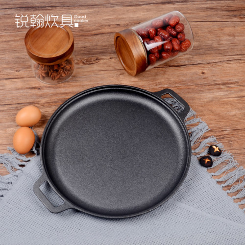 鑄鐵平底鍋加厚生鐵雙耳煎鍋鏊子無塗層披薩烤盤戶外烤肉