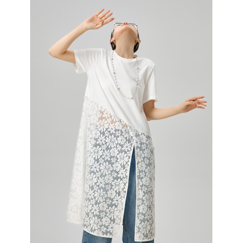 顧裡裡Guuli/白色鏤空蕾絲拼接t恤連衣裙今年流行的漂亮裙子女夏