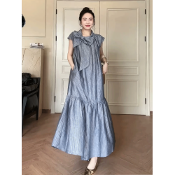 法式高級感條紋連衣裙女2025夏季新款氣質超好看蝴蝶結設計感長裙
