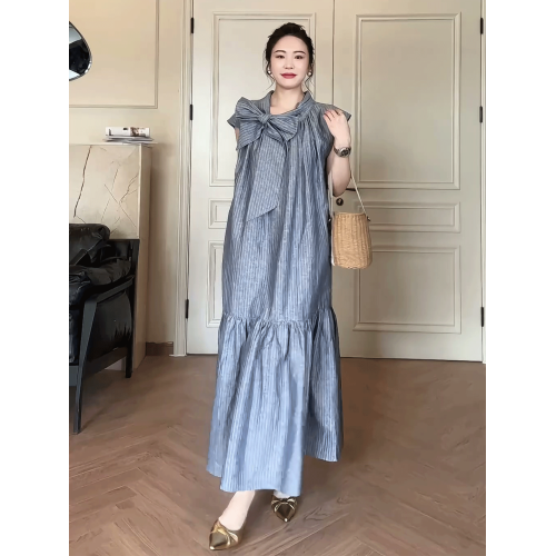法式高級感條紋連衣裙女2025夏季新款氣質超好看蝴蝶結設計感長裙