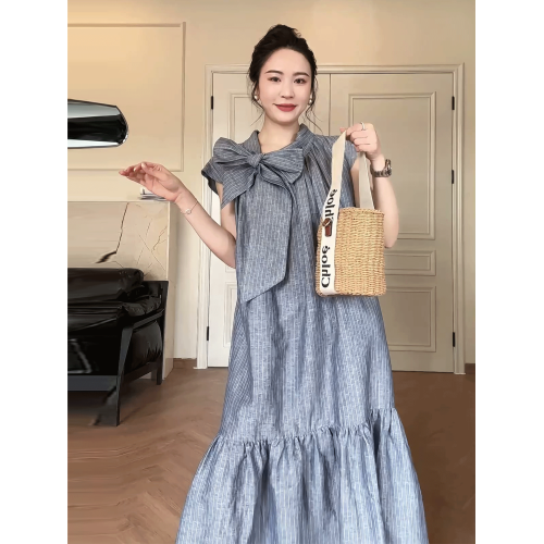 法式高級感條紋連衣裙女2025夏季新款氣質超好看蝴蝶結設計感長裙
