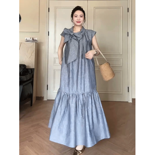 法式高級感條紋連衣裙女2025夏季新款氣質超好看蝴蝶結設計感長裙