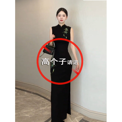 【加長版】高個子170夏季新中式包臀長裙修身刺綉旗袍無袖連衣裙