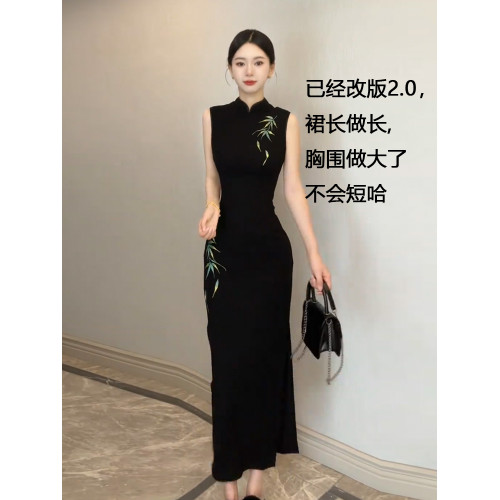 【加長版】高個子170夏季新中式包臀長裙修身刺綉旗袍無袖連衣裙