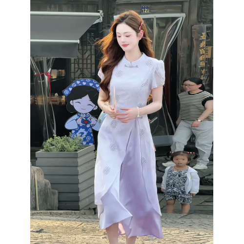 新中式國風紫色鏤空連衣裙女2025夏季新款氣質高級感開叉旗袍長裙