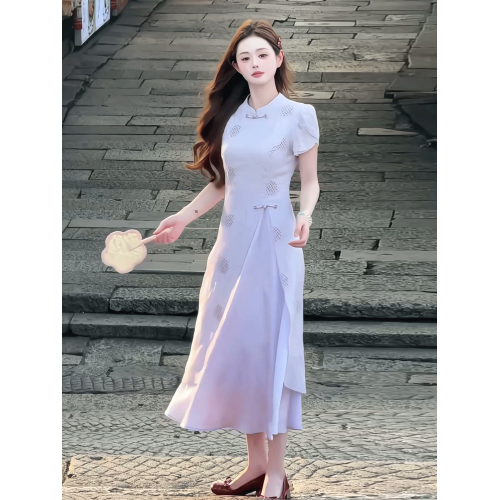 新中式國風紫色鏤空連衣裙女2025夏季新款氣質高級感開叉旗袍長裙