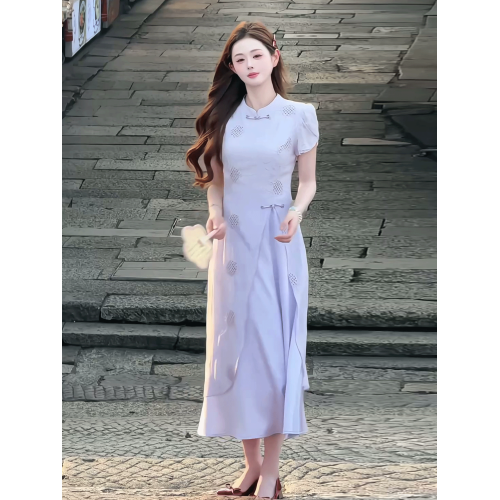 新中式國風紫色鏤空連衣裙女2025夏季新款氣質高級感開叉旗袍長裙