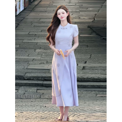 新中式國風紫色鏤空連衣裙女2025夏季新款氣質高級感開叉旗袍長裙