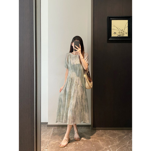 高級感法式天絲亞麻莫奈油畫暈染印花茶歇裙短袖不規則連衣裙女夏