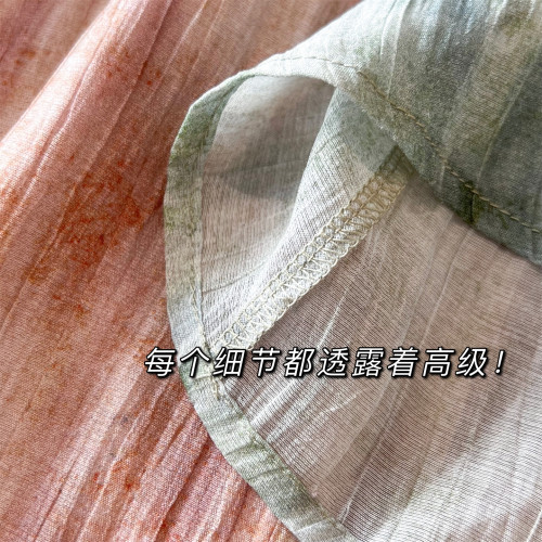 高級感法式天絲亞麻莫奈油畫暈染印花茶歇裙短袖不規則連衣裙女夏