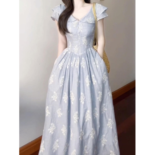 2025夏季絕美長裙法式氣質高級感簡單大方得體減齡藍色印花連衣裙