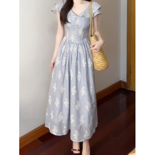 2025夏季絕美長裙法式氣質高級感簡單大方得體減齡藍色印花連衣裙
