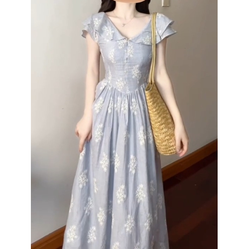2025夏季絕美長裙法式氣質高級感簡單大方得體減齡藍色印花連衣裙