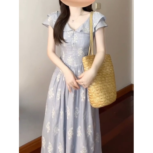 2025夏季絕美長裙法式氣質高級感簡單大方得體減齡藍色印花連衣裙