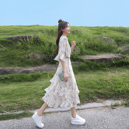 碎花雪紡連衣裙女夏2025新款收腰顯瘦氣質小清新仙女a字蛋糕裙子