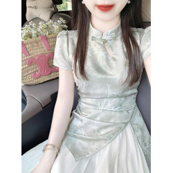新中式改良旗袍連衣裙女夏季新款假兩件國風印花長裙子小個子收腰