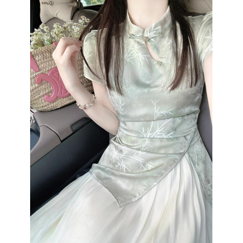 新中式改良旗袍連衣裙女夏季新款假兩件國風印花長裙子小個子收腰