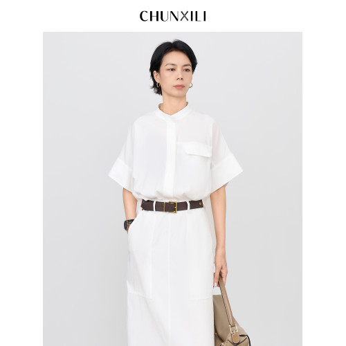 chunxili/春熙裡 短袖襯衣裙 帶腰帶 落肩氣質束腰套頭白色連衣裙