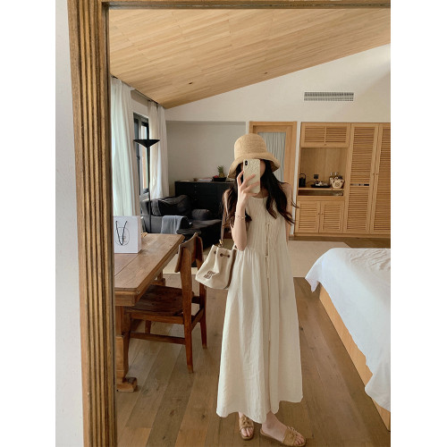 法式慵懶純色圓領系帶背心連衣裙女新款高級感小衆壓褶無袖長裙夏