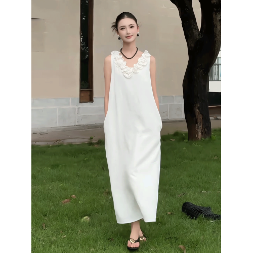 法式復古花邊V領無袖連衣裙女夏季氣質高級感寬松顯瘦背心長裙子