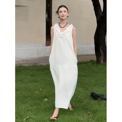 法式復古花邊V領無袖連衣裙女夏季氣質高級感寬松顯瘦背心長裙子