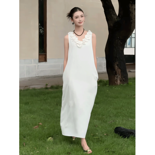 法式復古花邊V領無袖連衣裙女夏季氣質高級感寬松顯瘦背心長裙子