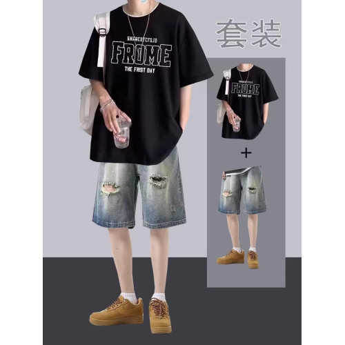 夏季港風純棉短袖帥氣牛仔短褲男t恤潮流寬松男裝一整套套裝搭配