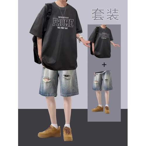 夏季港風純棉短袖帥氣牛仔短褲男t恤潮流寬松男裝一整套套裝搭配