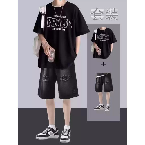 夏季港風純棉短袖帥氣牛仔短褲男t恤潮流寬松男裝一整套套裝搭配